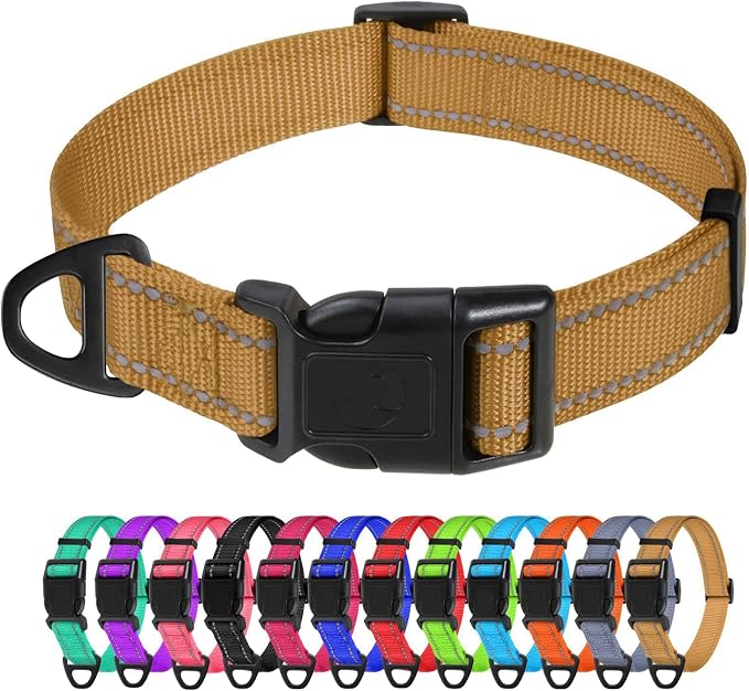 TagME Medium Dog Collar, Reflective Nylon Collar, Khaki, 1.0" Width | Soft Nylon Dog Collar With Reflective Stitching for Night Walks, Adjustable Fit, Quick-Release Buckle for Easy On & Off by TagME