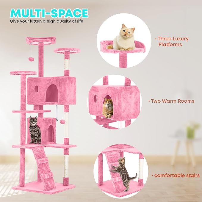FDW | 70" Cat Tree Tower | Pink | Multi-Level Indoor Activity Center with Sisal Scratching Posts, Condos, Plush Perches, Hanging Cat Toys | Sturdy, Easy to Assemble | for Kittens & Adult Cats - Image 5