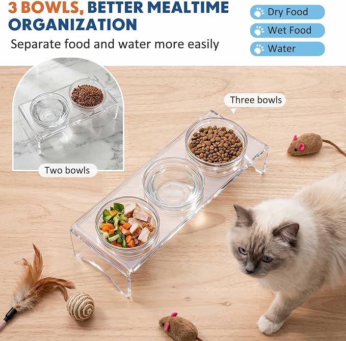 Elevated Acrylic Dogs Bowl Stand, 3.75" Tall Raised Cat & Dog Bowls with 3 Stainless & 3 Glass, Non-Slip, Easy to Clean, Raised Dog Bowls for Small Dogs, Cats, Pets, Puppy - Image 7