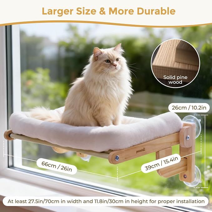 Pecute Foldable Cat Window Perch, Cloud-Soft Cat Bed with Wood Frame, 26" L | Solid Wood, Strong Suction Cup, Washable Cushion, Sided Bolster, Large Cat Hammock Indoor for Sunbathing, Bird Watching - Image 2