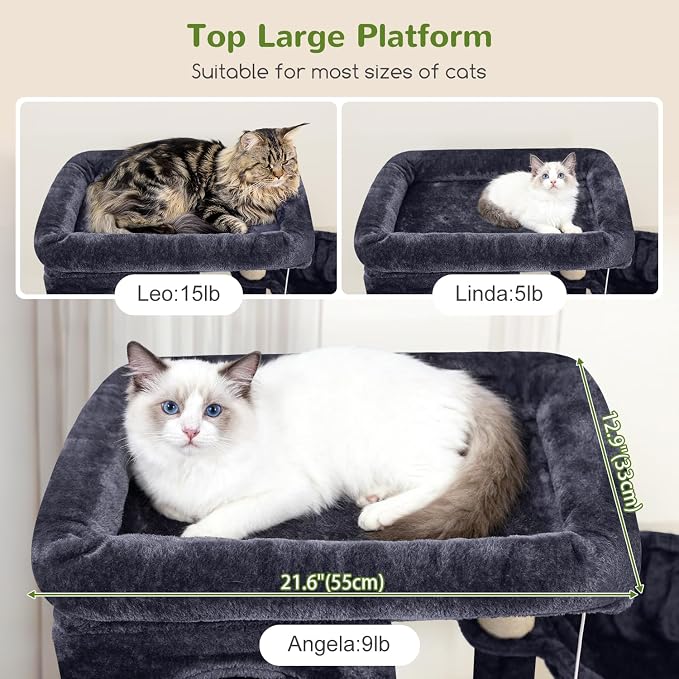 Globlazer Large Cat Tree, 80in Tall Climbing Tower, F80F, Dark Grey | Multi-Level Cat Scratching Tower for Indoor Multiple Large Adult Cats Kittens with 3 Cat Caves, 3 Hanging Baskets - Image 3
