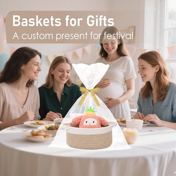 JMvicyroam Small Woven Basket, Empty Gift Basket, White&Brown Block/2 Pack | Small Gift Basket, Cotton Rope, 12 x 8 x 85 in, Handles, Includes Ribbon and Bag, Birthday Gift Basket - Image 4