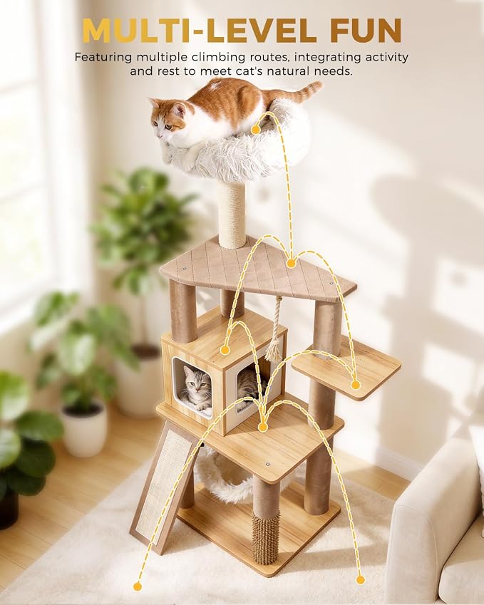 61" Wood Cat Tree Tower, Modern Cat Furniture for Indoor Cats | Engineered Wood & Plush | 61"Modern Cat Tower | 20 lbs Per Platform | Anti-Tip Base | Sisal Posts | Washable Cushions - Image 7