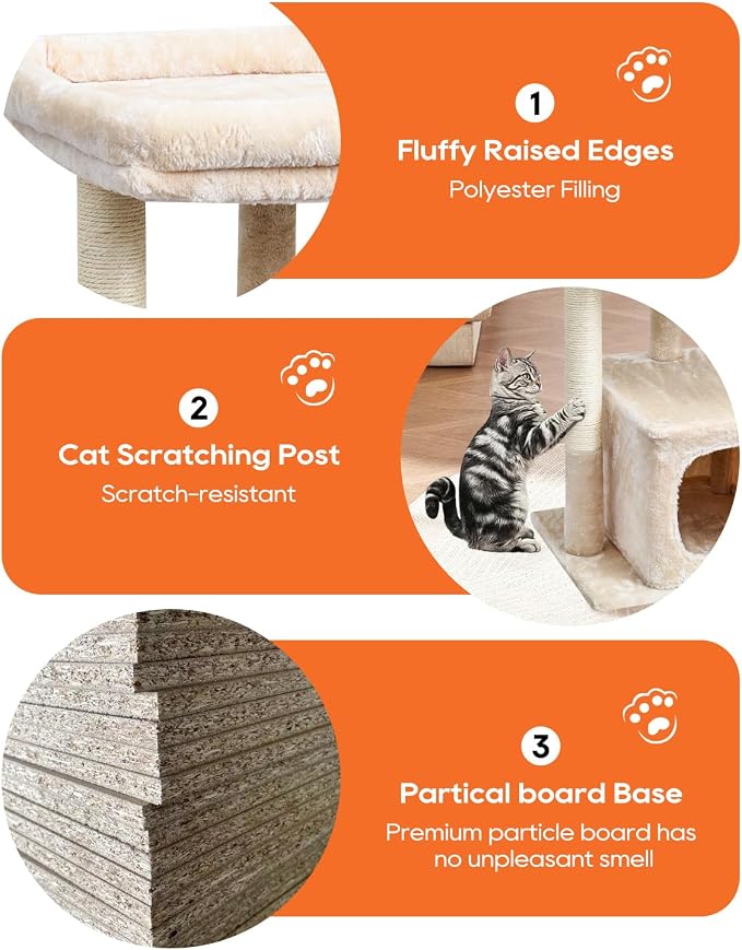 SYANDLVY 27" Cat Tree for Indoor Cats, Activity Tower with Scratching Posts | Modern Kitten Condo with Plush Perch & Hanging Ball for Play, Beige - Image 5