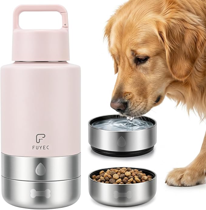 Dog Water Bottle 32oz, Insulated Stainless Steel Travel Water Dispenser with 2 Detachable Dog Bowls for Food and Water, Leak Proof Portable Pet Drinking Cup for Walking Hiking Camping by FUYEC