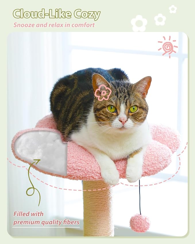 Flower Cat Tree with Large Metal Frame Hammock, 35" Cute Cat Tower with Sisal Scratching Posts for Small Indoor Cats, Cat Condo with Pink Top Perch for Kittens, Pink | Flower-shaped top perch, Metal frame hammock, Sisal scratching posts, Cozy pink cond... - Image 6