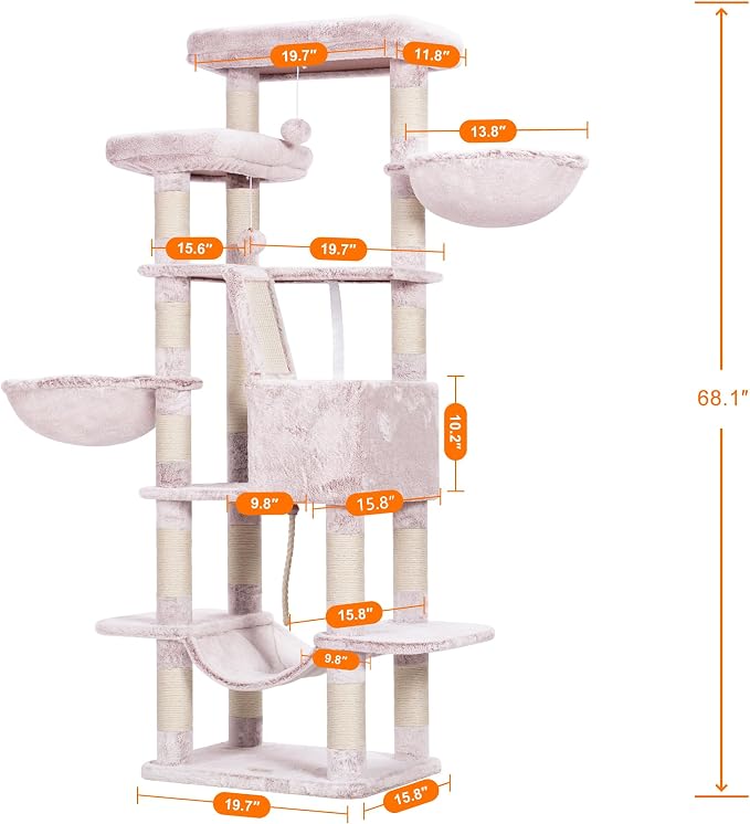 Heybly Cat Tree, 68 inch Multi-Level Cat Tower for Indoor Cats HCT025MU | Cat Condo with 2 Widened Plush Perches, 2 Cozy Baskets, Scratching Board and Big Caves, Rosy Brown - Image 3