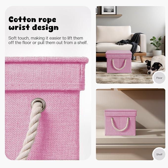 Dog Toy Basket with Lid, Dog Basket for Toys, Dogs Toy Box with Cotton Rope Handles, Collapsible Storage Bins for Pet Toys, Dogs Storage Organizer, Pink - Image 4