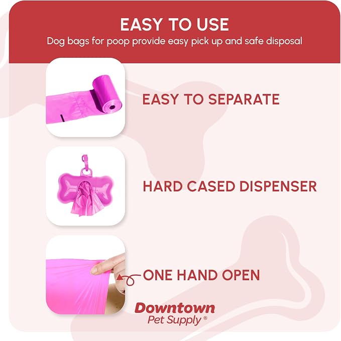Downtown Pet Supply Poop Bags for Dogs with Dispenser, 220 Count - Leak-Proof Dog Waste Bags and Bone-Shaped Dog Poop Bags Holder for Leash - Pink, 12.5" x 8.5" - Image 3