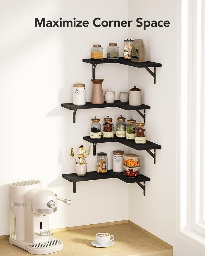 Amada Corner Floating Shelves, Paulownia Wood, Set of 4, Black | Corner Wall Shelves with Triangular Metal Bracket, 44 lbs Capacity per Shelf, L-Shaped Design for Home Decor, Kitchen Storage - Image 5