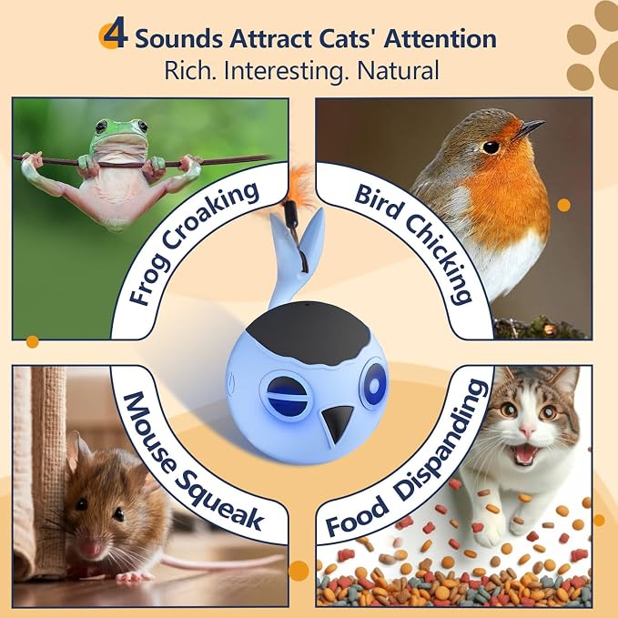 Cat Toys Ball, Smart Motion Sensor Moving Ball with 4 Sounds& 3 Speed Modes | Interactive Automatic Cat Toy for Indoor Cats,Fast Rolling Motion Activated Chirping Stimulating Light, 2 Feather Refill - Image 6
