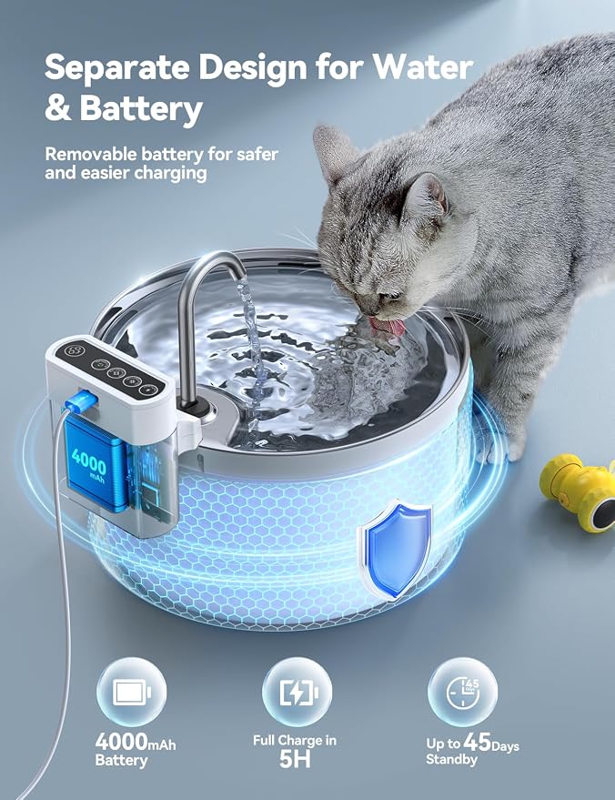 Wireless Cat Water Fountain [Water & Battery Separation] FEELNEEDY Automatic Pet Water Dispenser with Motion Sensor, 3.5L/118oz 4000mAh Battery Operated Water Fountains for Cats Dogs - Image 2