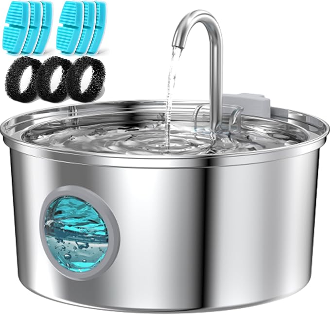 Cat Water Fountain Stainless Steel: Cat Fountain for Drinking - 108oz/3.2L Pet Water Fountain for Cats Indoor - Quiet Water Fountain for Cats - Faucet Pet Fountain - Contains 6 Filters + 3 Sponges by FOFNON