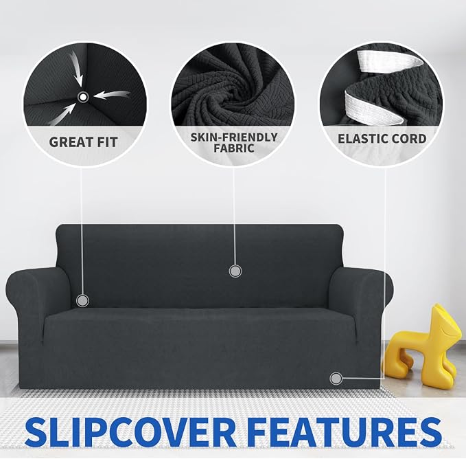 MAXIJIN Couch Covers for 3 Cushion Couch Sofa (71"-91"), 1-Piece Stretch Sofa Cover Slipcover Furniture Protector with Elastic Bottom for Kids,Dogs (Large, Diamond Pattern Gray) - Image 3