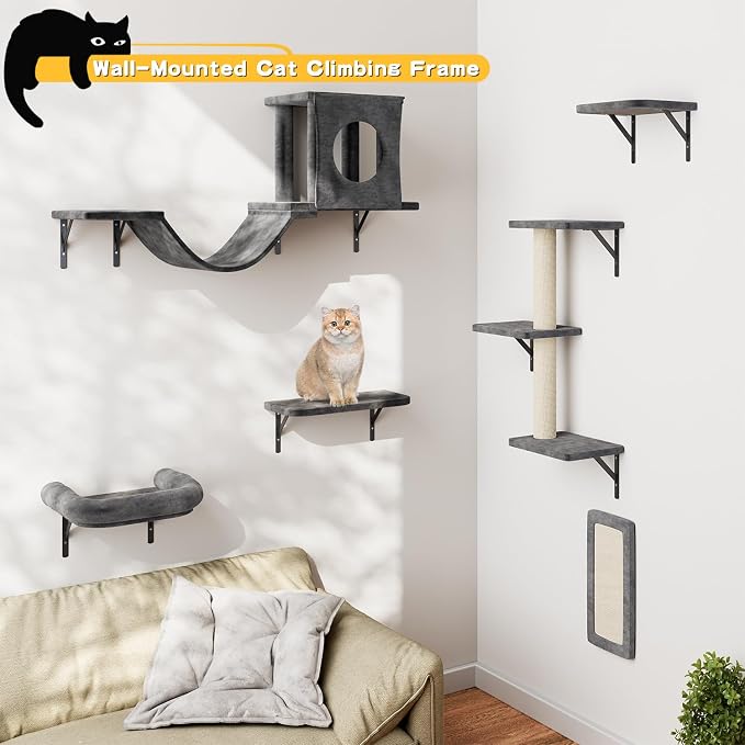 12-in-1 Cat Wall Shelves, Luxury Wall-Mounted Cat Climber Set | with Condos House, Scratching Post, Bridge Ladder, Indoor Space-Saving Furniture for Kittens, Dark Gray - Image 5