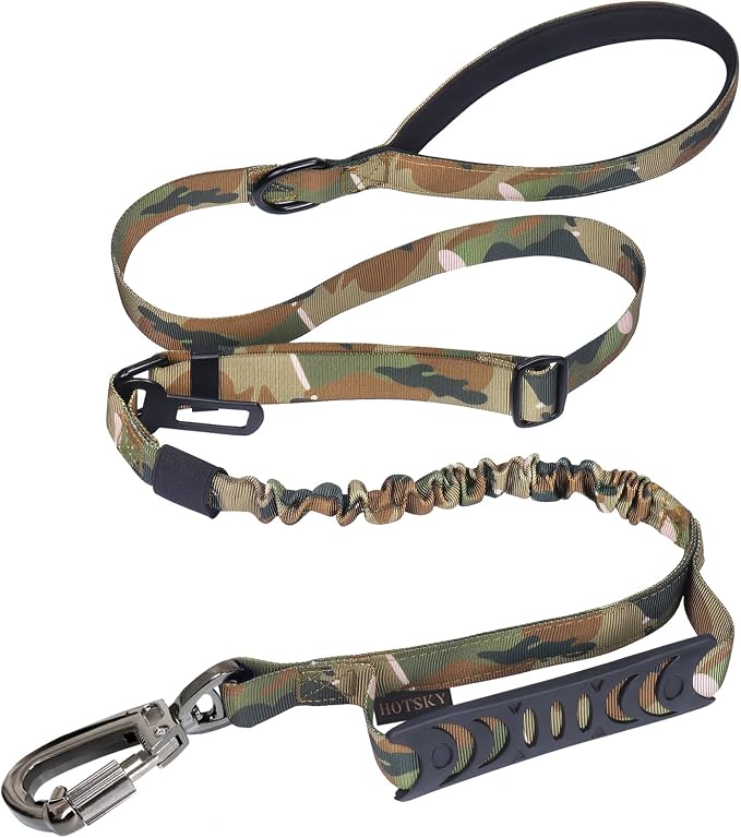 Hotsky Tactical Bungee Shock Absorbing No Pull Strong Dog Leash,CP,4-6FT | Heavy Duty for Medium Large Dogs That Pull up to 660 lb,with Padded Double Handle ＆ Car Seatbelt,360°Rotating Locking Clasp by Hotsky