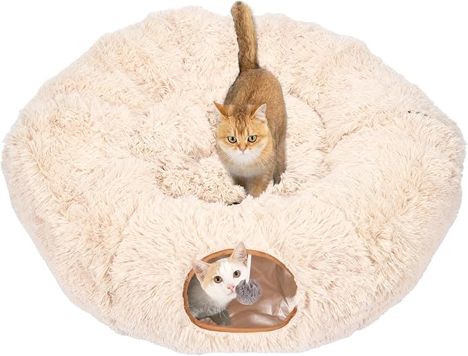 Avont Cat Tunnel Bed, Washable Cushion, Large 3-in-1 Play Tube for Cats | Play, Rest & Snuggle | Spacious for Big Cats | Durable Toggle Design | Removable Washable Cushion | Beige by Avont