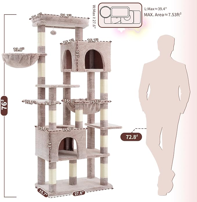 Heybly Cat Tree, 76-Inch Tall Heavy Duty Cat Tower for Big Cats HCT039MU | Multi-Level Large Cat Furniture with Extra Wide Baseboard, 2 Condos & 2 Hammocks, 10 Scratching Posts, Rosy Brown - Image 2