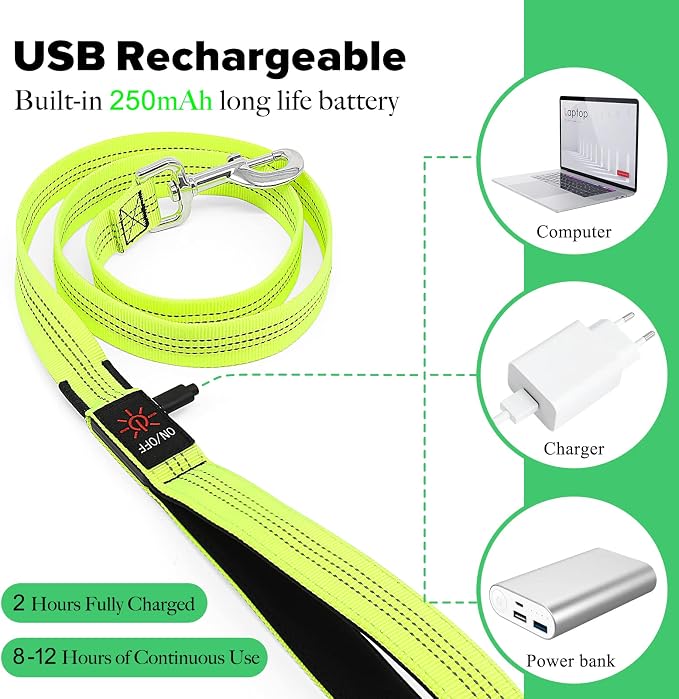 Illumifun LED Dog Leash, USB Rechargeable Glowing Light Up Dog Leash, Nylon Flashing Safety Pet Light for Night Walking (GreenⅡ) - Image 3