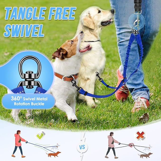 AUTOWT Double Dog Leash, No Tangle 360°Swivel Rotation Reflective Lead Attachment Adjustable Length Dual Two Dogs Lead Splitter, Comfortable Shock Absorbing Walking Training for 2 Dogs - Image 6