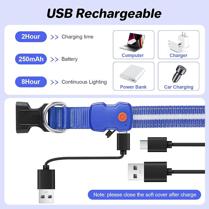 PcEoTllar Light Up Dog Collar, Glow in The Dark for Night Walking, Blue, M | Led Dog Collar for Night Walking, 3 Flashing Mode, USB Charge, For Small Medium Large Dogs, Waterproof, Durable Material - Image 5