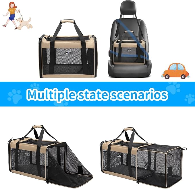 Wakytu Expandable Pet Carrier for Dogs & Cats, Large Travel Bag with 5 Mesh Windows, 2 Entrances, Locking Zippers & Padded Straps,L - Image 3