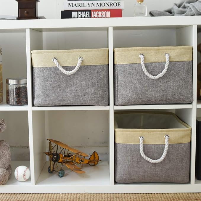 TheWarmHome Storage Bins Baskets for Organizing - Extra Jumbo 3 Pack 20.5Lx15.7Wx13.8H Sturdy Fabric Storage Basket for Shelves, Decorative Foldable Closet Nursery Toy (Gold&Grey) - Image 3