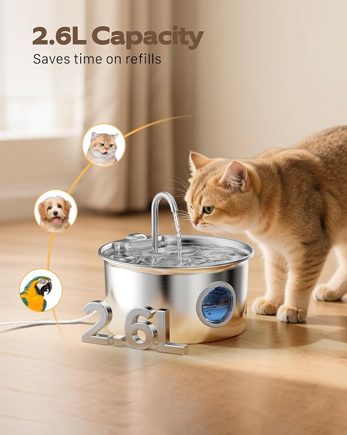 Pet Water Fountain Stainless Steel: Mental Cat Water Fountains with 8 Filters + 8 Sponges - 88oz/2.6L Noiseless Cats Waterer Bowl Dispenser - ATMZIQXR Kitten Drinking Fountains for Cats Indoor - Image 7