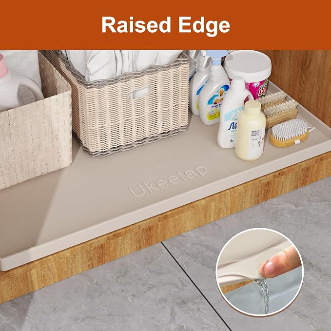 34" x 22" Extra Thick Silicone Mat Waterproof with Raised Edge, Beige | Under Sink Mat for Kitchen & Bathroom, Kitchen Cabinet Liner, Multi-Purpose for Storage & Protection - Image 3
