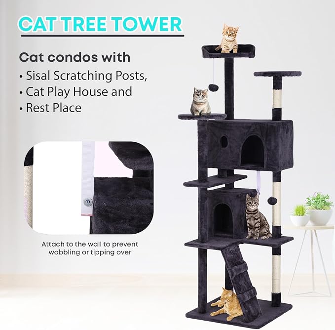 FDW | 70" Cat Tree Tower | Ashy | Multi-Level Indoor Activity Center with Sisal Scratching Posts, Condos, Plush Perches, Hanging Cat Toys | Sturdy, Easy to Assemble | for Kittens & Adult Cats - Image 6