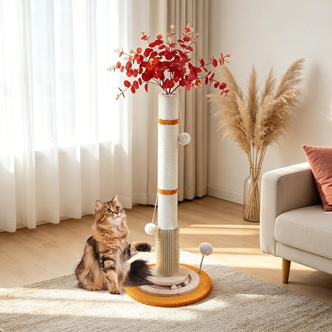 Cat Scratching Post,45'' Tall Scratcher Tree Toys for Indoor Large Cats | 3.5Inch Diameter Sisal Rope,Artificial Flower Design,100% Natural Sisal,Self Groomer Brush,Wood Interactive Ball Toys - Image 7