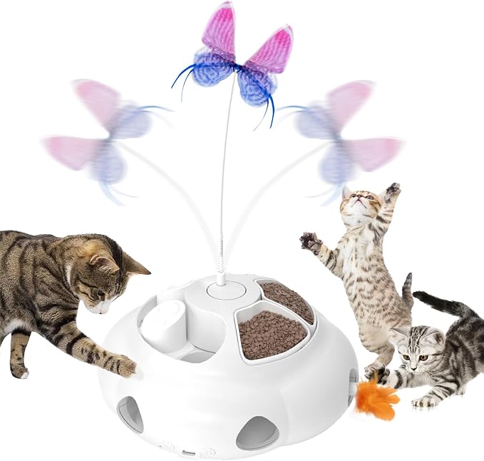Interactive Cat Toys for Indoor Cats, 4in1 Pet Teaser Toy with Ambush Feather Wand, Motorized Fluttering Butterfly and Slow Feeder, Rechargeable Power Treat Puzzle Toys(White) by Crazydeer