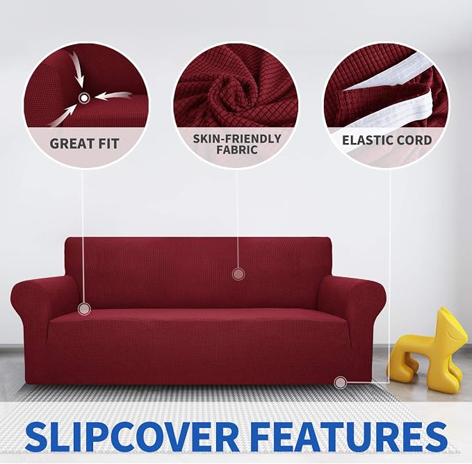 MAXIJIN Super Stretch Couch Cover for 3 Cushion Couch, 1-Piece Universal Sofa Covers Living Room Jacquard Spandex Furniture Protector Dogs Pet Friendly Fitted (Extra Large, Wine Red) - Image 3