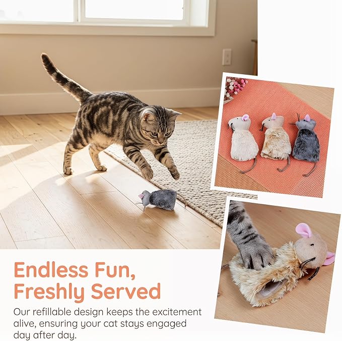 Ipetboom Refillable Catnip Toys for Cats - 3 Pack Interactive Cat Chew Toys for Indoor with Natural Long Fur and Jute Tail, Durable Plush Mouse Pet Fun Tool for Hunting and Boredom Relief - Image 5