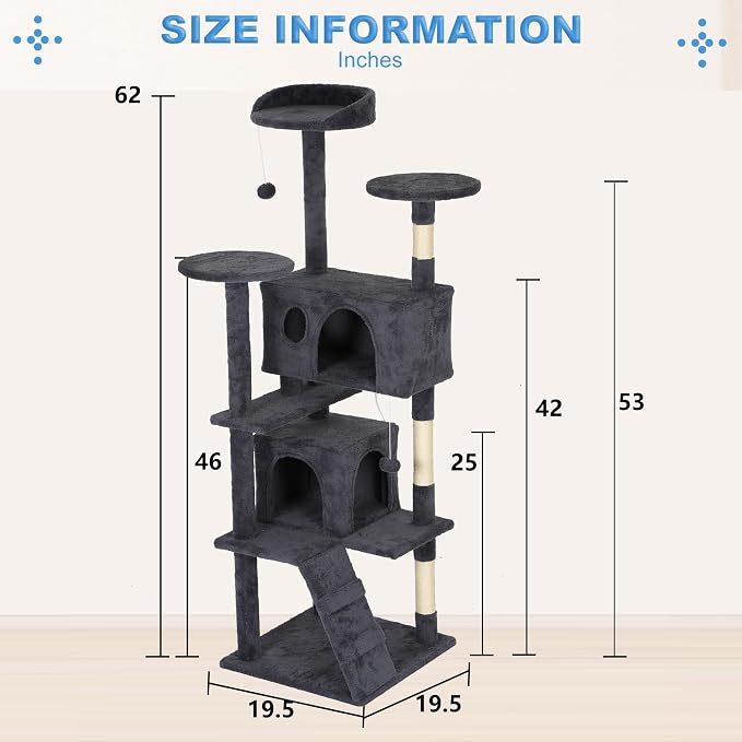 FDW | 62" Cat Tree Tower | Dark Gray | Multi-Level Indoor Activity Center with Sisal Scratching Posts, Condos, Plush Perches, Hanging Cat Toys | Sturdy, Easy to Assemble | for Kittens & Adult Cats - Image 7