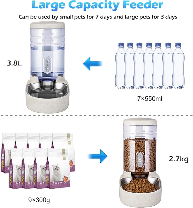 Automatic Cat Feeder and Water Dispenser with Stainless Steel Bowl Gravity Food Feeder and Waterer Set for Small Medium Dog Puppy Kitten 1 Gallon x 2(Beige) - Image 3