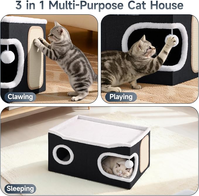 Shikha Extra Large Cat House Bed for Multi Cats with Scratch Pad Black | 24 x 17.7 x 12.6 IN Widen Cat Cave Cube for Multi Pets, Foldable, Arc-Edge Design, Oval Door, All Seasons Reversible Cushion - Image 5