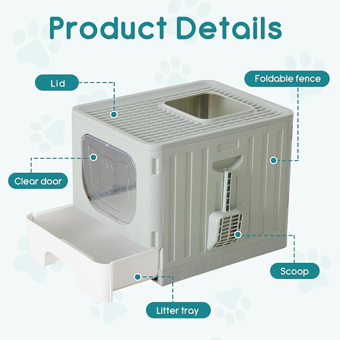 OLIXIS Cat Litter Box with Lid, Large Foldable Cat Box with Scoop, Front Entry Top Exit Kitty Litter Boxs with Door, Easy Cleaning Drawer Design Odor Control, Grey - Image 5