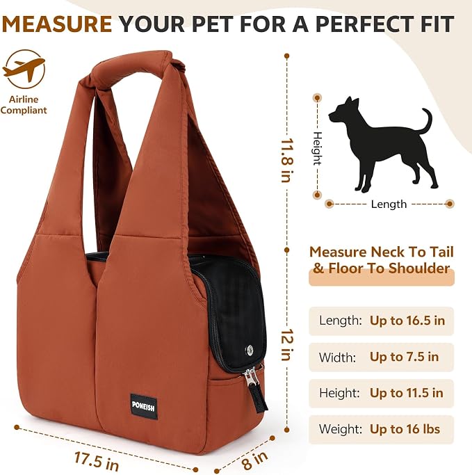 Dog Purse Carrier for Small Dogs and Cats, Soft-Sided Pet Tote Bag with 6 Large Pockets, Collapsible Travel Puppy Carrier, Fits Pets up to 16 lbs (Caramel, 17.5" L x 8" W x 12" H) - Image 2