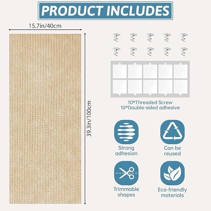 Heavy Duty Cat Scratch Mat for Couch (Khaki, 39.3" x 15.8") | Self-Adhesive Trimmable Cat Scratcher Carpet, Furniture Protector & Climbing Pad for Cats, Sofa, Door & Cat Tree - Image 2