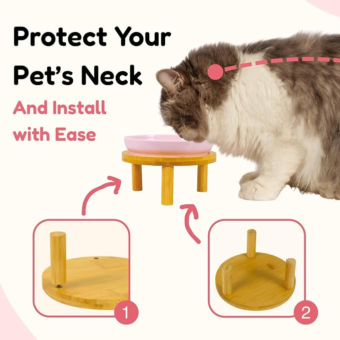 Elevated Ceramic Cat Bowls with Bamboo Stand for Cat Bowl, Whisker Friendly Shallow Cat Plate, Stable Raised Cat Food Riser for Indoor Cats (Pink+Yellow, Plates with Stands(Set of 2)) - Image 3