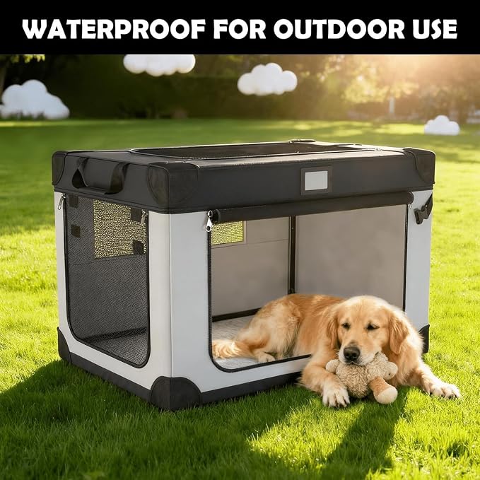 42 Inch Foldable Dog Travel Crate Black&White for Home and Car Use | Waterproof and Easy to Clean，Home & Car Use，Soft Blanket and Foldable Bowl,Storage Bag,Signature Card,Portable for Camping - Image 8