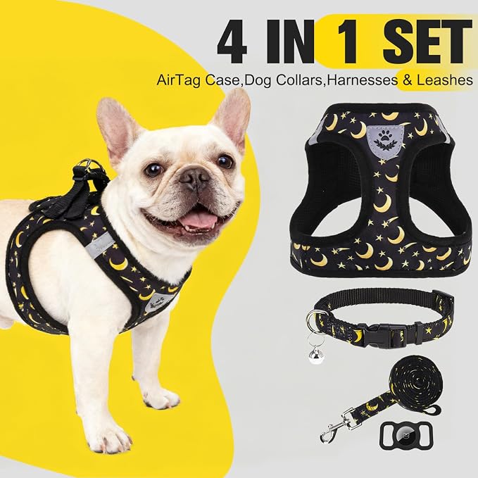Small Dog Harness and Leash Set - Cute Puppy Harness Leash Dog Collar with AirTag Holder Silicone Case, Soft Padded Step in Pet Vest Reflective for Outdoor Walking, Star-Moon M - Image 7