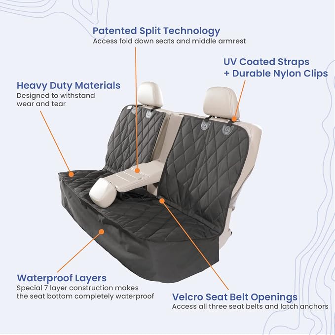 4Knines Dog Rear Seat Cover for Fold Down Seats - Fitted, Grey XL | Heavy-duty split design fits 60/40 and 50/50 fold-down seats. No Hammock. K9-Shield waterproof layer. Non-slip backing. - Image 4