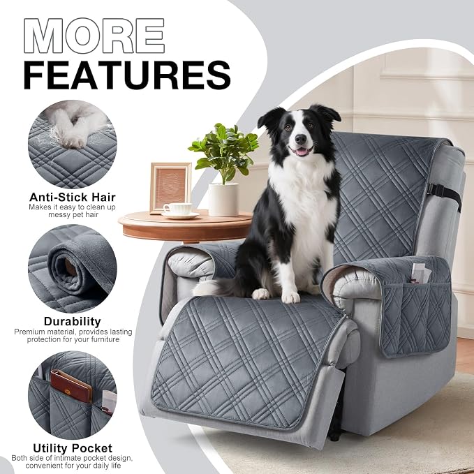 TAOCOCO 100% Waterproof Recliner Chair Cover, Recliner Covers for Recliner Chair with Pocket, Non Slip Reclining Chair Cover Furniture Protector for Kids, Pets(23.6'', Dark Grey-Velvet) - Image 4