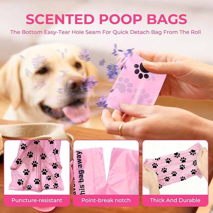 Dyforce 600 Count Dog Poop Bags Rolls with Dispenser Pink | Scented Leak Proof Pet Waste Poop Bags for Dogs 13x9", Extra Thick and Large Doggy Cat Litter Bags for Poops with Holder - Image 3