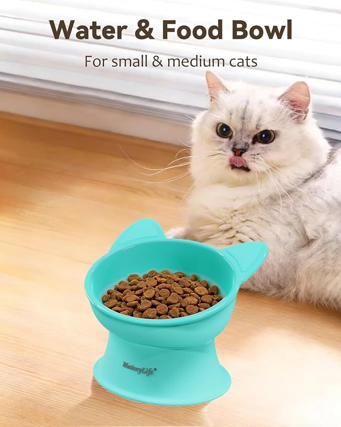 MateeyLife Raised Cat Bowls, Cat Food Bowl Elevated for Kittens & Small Dogs, 15°Tilted Protect Pets' Neck and Anti Vomiting, Whisker Friendly Food & Water Feeding Bowl, 6 oz Each - Green - Image 3