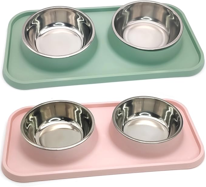 BNOSDM 2 Pcs Double Dog Food Bowls, Stainless Steel Small Dog Food and Water Bowls with Non-Spill Plastic Mat, Pet Cat Feeder Dish Set for Puppy Cats Kitten, Pink and Green by BNOSDM