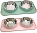 BNOSDM 2 Pcs Double Dog Food Bowls, Stainless Steel Small Dog Food and Water Bowls with Non-Spill Plastic Mat, Pet Cat Feeder Dish Set for Puppy Cats Kitten, Pink and Green by BNOSDM