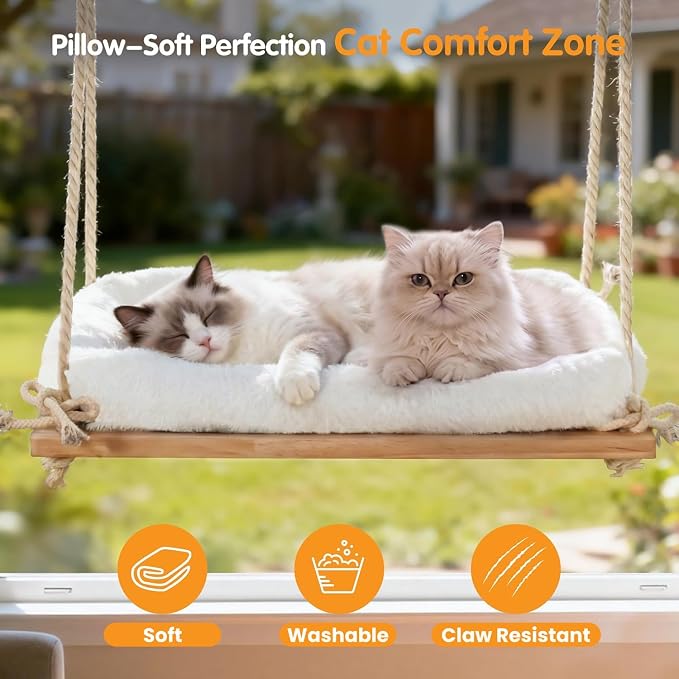 Large Cat Window Perch Hammock, Solid Wood Seat & Plush Cushion | 4 heavy-duty suction cups, sturdy wooden perch for XL & large cats, comfortable indoor window cat bed & hammock - Image 5
